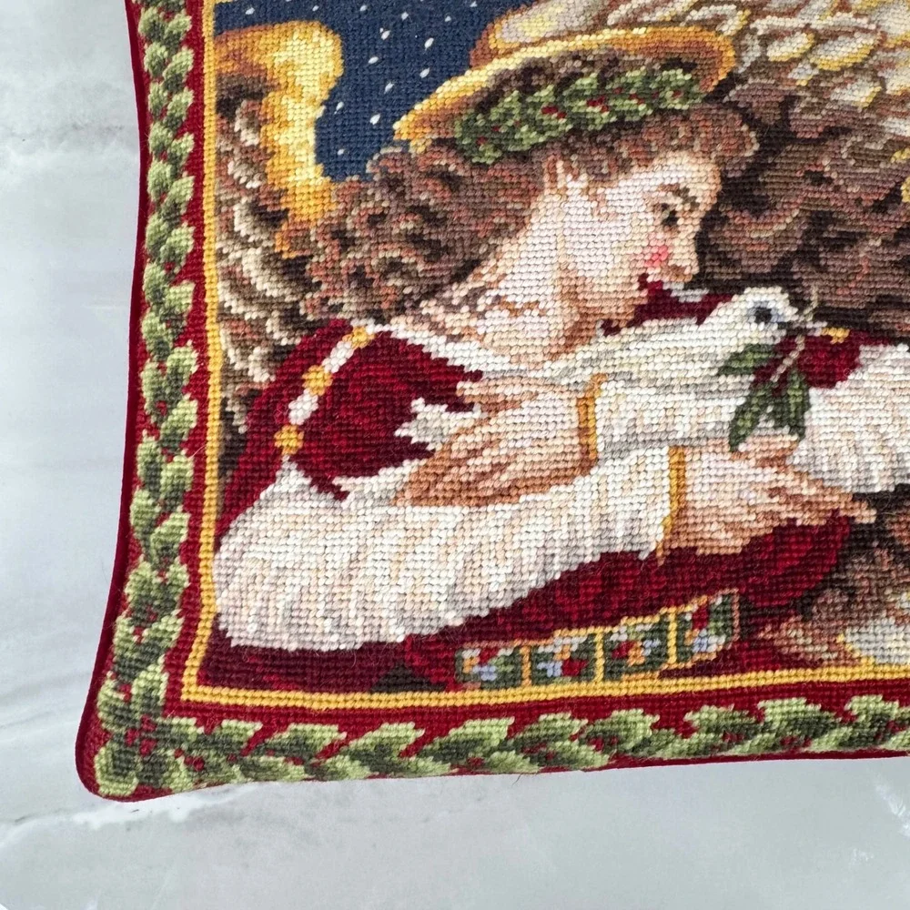 Vintage‎ Lands' End Needlepoint Throw Pillow Angel Cradling Dove Christmas 13